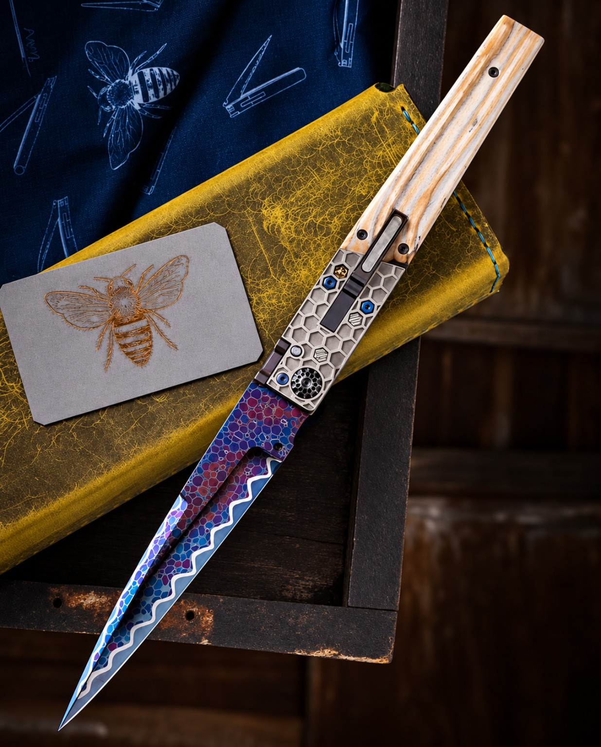 Bee-themed engraving, honeycomb metalwork and coloured surface patterns